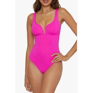 BECCA Women's Color Code V-Wire One Piece Swimsuit Small Vivid Pink Stretch NWT